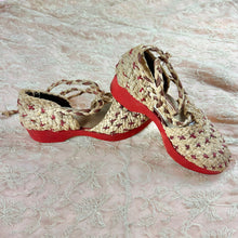 Load image into Gallery viewer, Late 1930s/ Early 1940s Deadstock French Woven Raffia Lace Up Beach Sandals w/ Wooden Platform