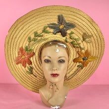 Load image into Gallery viewer, XXL Wide Brim Straw Sun Hat w/ Raffia Embroidered Flowers