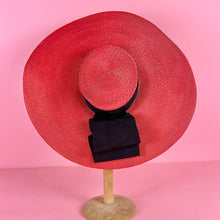 Load image into Gallery viewer, 1940s XL Lipstick Red Wide Brim Sun Hat w/ Oversized Ribbon