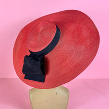 Load image into Gallery viewer, 1940s XL Lipstick Red Wide Brim Sun Hat w/ Oversized Ribbon