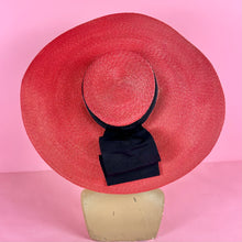 Load image into Gallery viewer, 1940s XL Lipstick Red Wide Brim Sun Hat w/ Oversized Ribbon