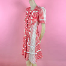 Load image into Gallery viewer, 1940s Sun Bleached Gingham Dress w/ Puff Sleeves & Eyelet Trim