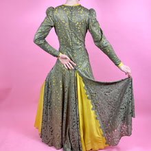 Load image into Gallery viewer, 1930s Gold Metallic Lace w/ Chartreuse Silk Evening Gown