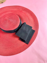 Load image into Gallery viewer, 1940s XL Lipstick Red Wide Brim Sun Hat w/ Oversized Ribbon