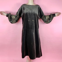 Load image into Gallery viewer, 1920s Silk Velvet Bohemian Dress With Beaded & Embroidered Balloon Sleeves