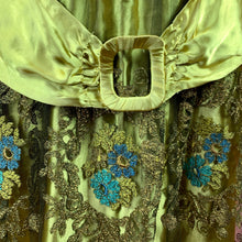 Load image into Gallery viewer, 1920s Egyptian Revival Gold Silk Satin Dress With Metallic Trim & Embroidery