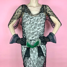 Load image into Gallery viewer, 1930s Webby Silk Lace Gown With Green Velvet & Rhinestone Sash