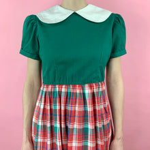 Load image into Gallery viewer, Early 1940s Forest Green Madras Dress With Puff Sleeves And Oversized Collar