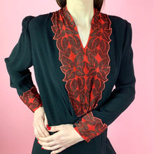 Load image into Gallery viewer, 1930s Satin Back Crepe Dress w/ red/gold metallic flowers
