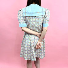 Load image into Gallery viewer, 1930s Baby Blue Folk Printed Cotton Dress With Puff Sleeves & Sailor Collar