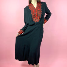 Load image into Gallery viewer, 1930s Satin Back Crepe Dress w/ red/gold metallic flowers