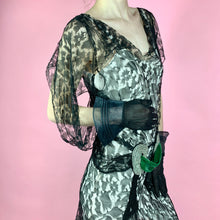 Load image into Gallery viewer, 1930s Webby Silk Lace Gown With Green Velvet & Rhinestone Sash