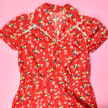 Load image into Gallery viewer, 1930s Red Cotton Print Dress W/ Lace & Gem Buttons