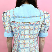Load image into Gallery viewer, 1930s Baby Blue Folk Printed Cotton Dress With Puff Sleeves & Sailor Collar