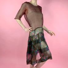 Load image into Gallery viewer, 1920s Silk Chiffon Color Block Dress With Deco Floral Print