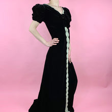 Load image into Gallery viewer, 1930s Black Silk Velvet FOGA Labeled Gown With Huge Puff Sleeves, Lace, & Deep Plunging Back