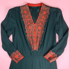 Load image into Gallery viewer, 1930s Satin Back Crepe Dress w/ red/gold metallic flowers