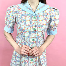 Load image into Gallery viewer, 1930s Baby Blue Folk Printed Cotton Dress With Puff Sleeves & Sailor Collar