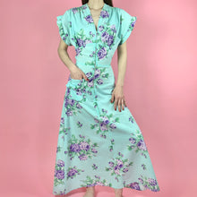 Load image into Gallery viewer, Mint Green 1940s Seersucker Hostess Gown w/ Purple Roses