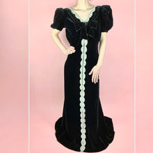 Load image into Gallery viewer, 1930s Black Silk Velvet FOGA Labeled Gown With Huge Puff Sleeves, Lace, & Deep Plunging Back