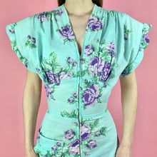 Load image into Gallery viewer, Mint Green 1940s Seersucker Hostess Gown w/ Purple Roses