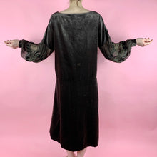 Load image into Gallery viewer, 1920s Silk Velvet Bohemian Dress With Beaded & Embroidered Balloon Sleeves