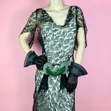 Load image into Gallery viewer, 1930s Webby Silk Lace Gown With Green Velvet & Rhinestone Sash