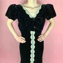 Load image into Gallery viewer, 1930s Black Silk Velvet FOGA Labeled Gown With Huge Puff Sleeves, Lace, & Deep Plunging Back
