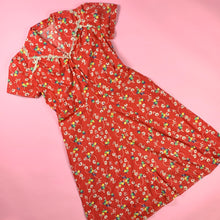 Load image into Gallery viewer, 1930s Red Cotton Print Dress W/ Lace & Gem Buttons