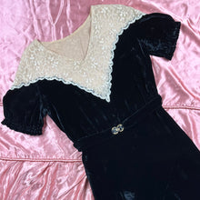 Load image into Gallery viewer, 1930s Silk Velvet Dress w/ Lace Yoke, Puff Sleeves & Glass Buckle