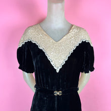 Load image into Gallery viewer, 1930s Silk Velvet Dress w/ Lace Yoke, Puff Sleeves & Glass Buckle