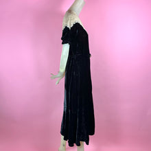 Load image into Gallery viewer, 1930s Silk Velvet Dress w/ Lace Yoke, Puff Sleeves & Glass Buckle