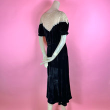 Load image into Gallery viewer, 1930s Silk Velvet Dress w/ Lace Yoke, Puff Sleeves & Glass Buckle