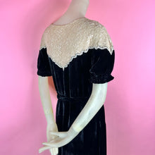 Load image into Gallery viewer, 1930s Silk Velvet Dress w/ Lace Yoke, Puff Sleeves & Glass Buckle