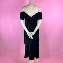 Load image into Gallery viewer, 1930s Silk Velvet Dress w/ Lace Yoke, Puff Sleeves & Glass Buckle