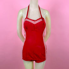Load image into Gallery viewer, 1950s Lipstick Red Faille Swimsuit w/ Heart Trim