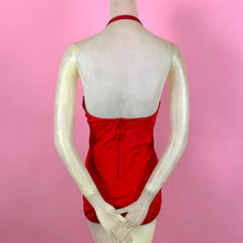 Load image into Gallery viewer, 1950s Lipstick Red Faille Swimsuit w/ Heart Trim