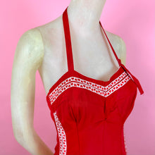 Load image into Gallery viewer, 1950s Lipstick Red Faille Swimsuit w/ Heart Trim