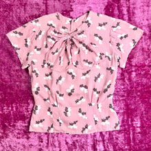 Load image into Gallery viewer, 1940s Pink Rayon Blouse w/ Novelty Bow Print & Oversized Bow