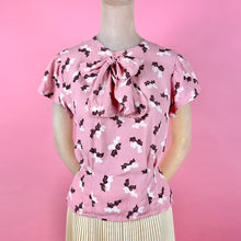 Load image into Gallery viewer, 1940s Pink Rayon Blouse w/ Novelty Bow Print & Oversized Bow