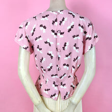 Load image into Gallery viewer, 1940s Pink Rayon Blouse w/ Novelty Bow Print & Oversized Bow