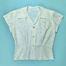 Load image into Gallery viewer, 1940s Sheer White Scroll Pattern Blouse w/ Shoulder Pads & Pointy Collar