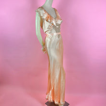 Load image into Gallery viewer, 1930s Peach Silk Charmeuse Slip Dress w/ Lace Inserts & Ruffled Neckline
