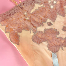 Load image into Gallery viewer, 1930s Deadstock NRA Label Light Peach Silk Satin Step-In w/ Figural Leaf Lace Inserts & Blue Stitching & Ribbon
