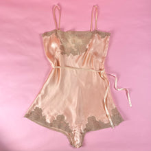 Load image into Gallery viewer, 1930s Peach Silk Charmeuse Step-In w/ Sheer Striped Floral Lace Inserts