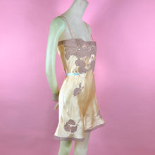 Load image into Gallery viewer, 1930s Deadstock NRA Label Light Peach Silk Satin Step-In w/ Figural Leaf Lace Inserts & Blue Stitching & Ribbon