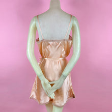 Load image into Gallery viewer, 1930s Deadstock NRA Label Peach Silk Satin Step-In w/ Sheer Striped Floral Lace Inserts