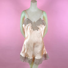 Load image into Gallery viewer, 1930s Deadstock NRA Label Peach Silk Satin Step-In w/ Sheer Asymmetrical Lace Inserts
