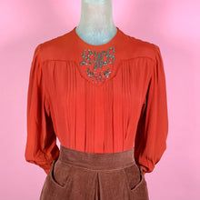 Load image into Gallery viewer, 1940s Beaded Monogram Tomato Red Pleated Blouse