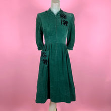 Load image into Gallery viewer, 1940s Emerald Green Corduroy Dress w/ Flocked Velvet Elephants